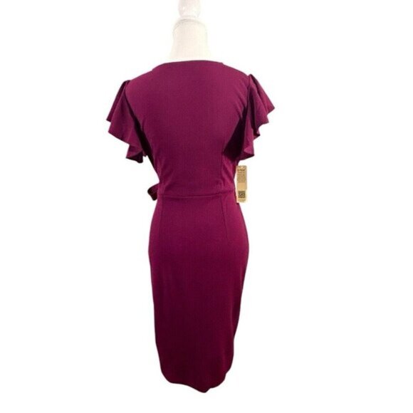 Women's V-Neck Ruffle Sleeve Faux Wrap Stretch Tulip Hem Purple Dress Size Small - Picture 8 of 16